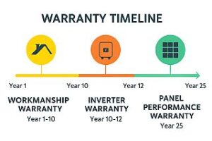A Timeline Listing all solar system components with a warranty and the duration of each.