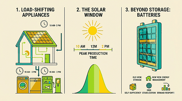 SOLAR OPTIMIZATION STRATEGY : load shifting, Energy efficient appliances, Battery storage, Daily Solar Power Window