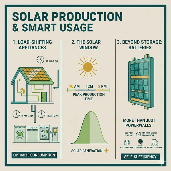 Solar Production & Smart Solar Usage infographic explaining optimization strategies for system performance and solar savings