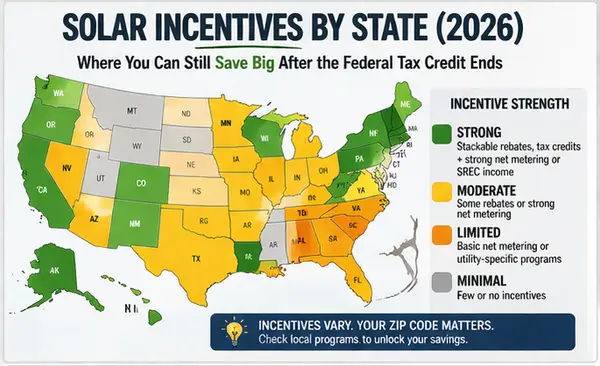 a Map of US Solar Incentives by State in 2026