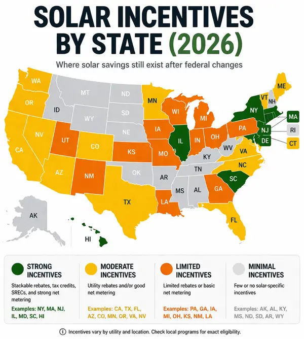 A map of the Solar incentives by state (2026)