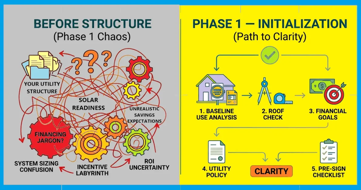 Phase 1 of Solar - Initialization infographic showing the before and after of a structured approach