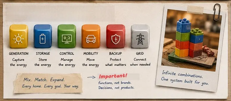 In modular solar builds parts are introduced at different stages depending on budget, urgency, and goals.