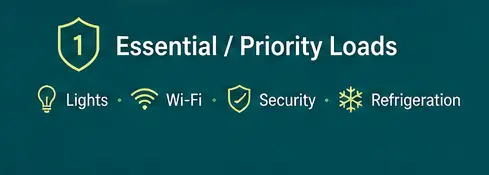 Essential / priority loads <br />
**Essential / priority loads**<br />
Lights · Wi-Fi · Security · Refrigeration