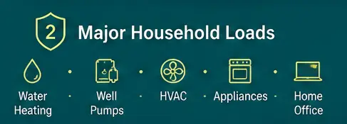 Major household loads **Major household loads**<br />
Water heating · Water pumps · Climate control · Appliances · Home office