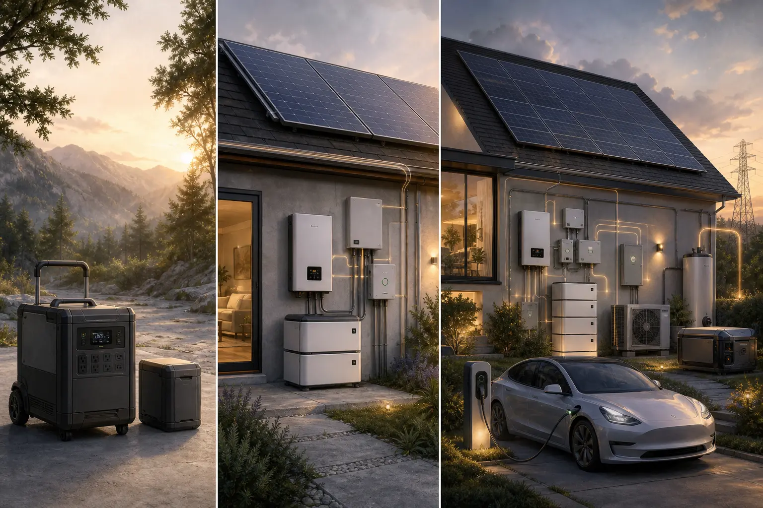 6. Portable vs Modular solar vs Whole-home Energy Ecosystem Portable vs Modular solar vs Whole-home Energy Ecosystem - side-by-side visual comparison example