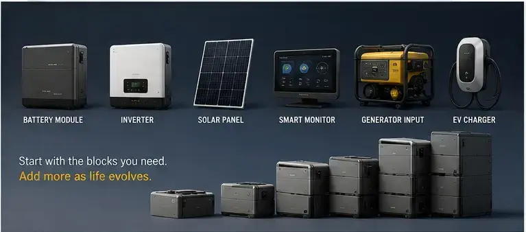 Modular Solar Products Modular Solar Product Depiction of all possible components for a complete energy ecosystem